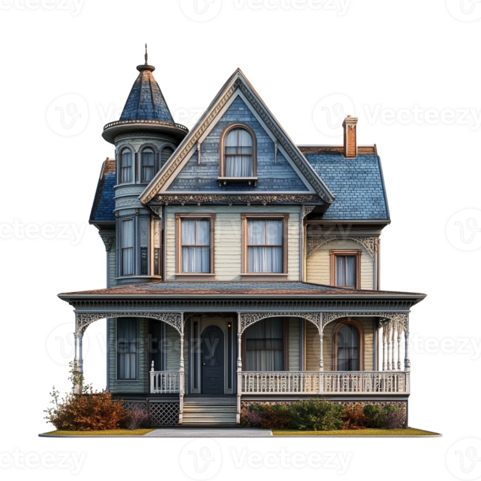 An old victorian house with a porch and a porch png