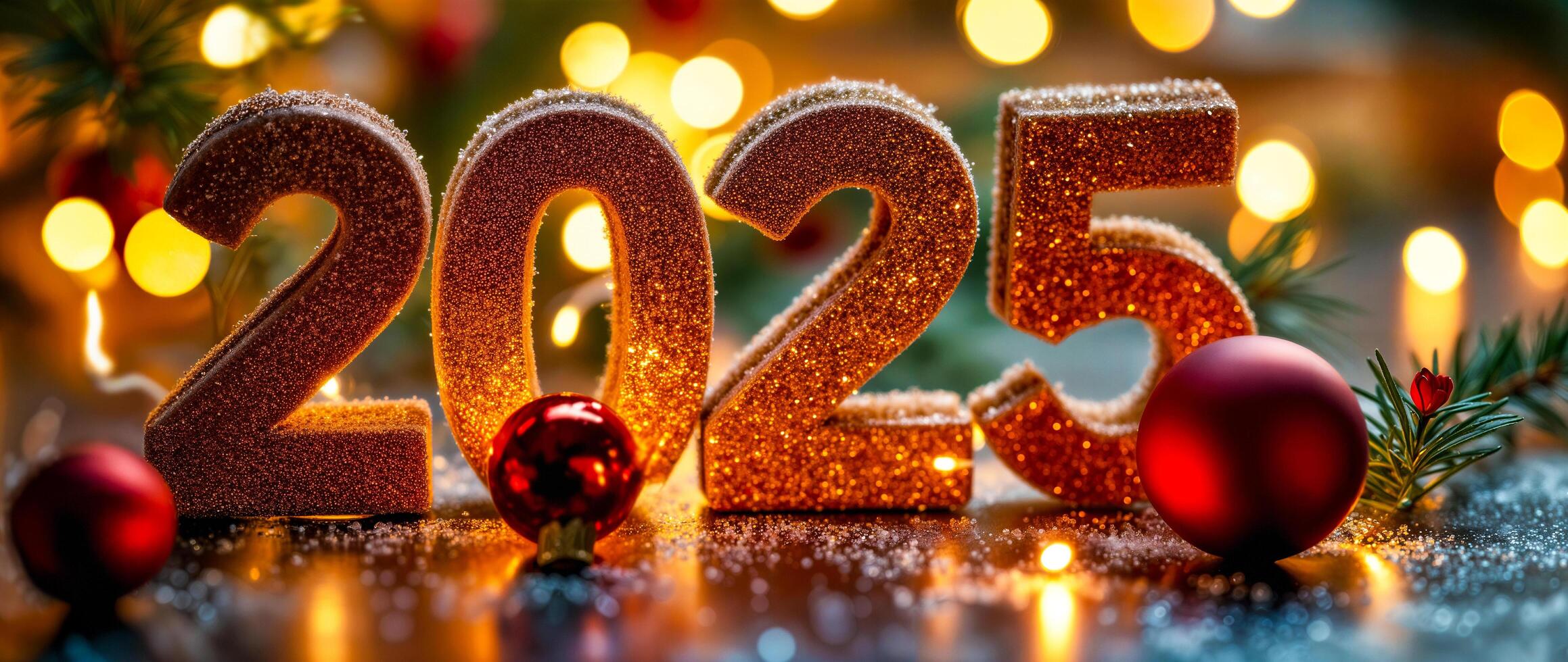 glittery gold 2025 numerals with red ornaments photo