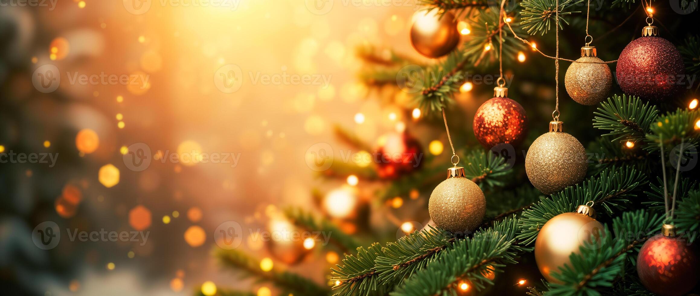 decorated evergreen tree with warm-toned ornaments string lights. photo