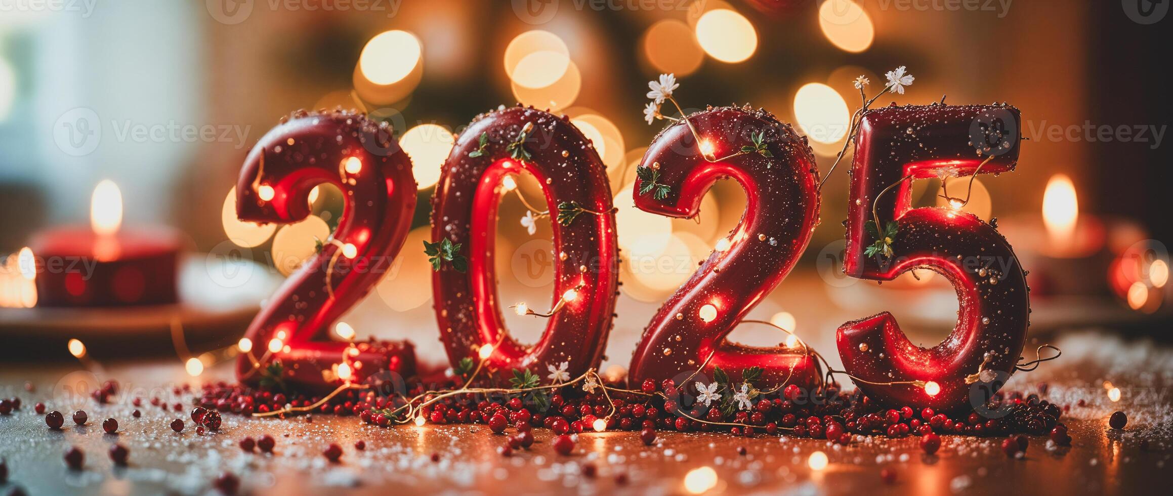 illuminated red 2025 numerals decorated with flowers berries photo