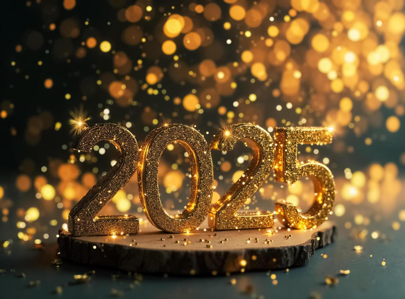 glittery golden numbers 2025 on rustic wood photo