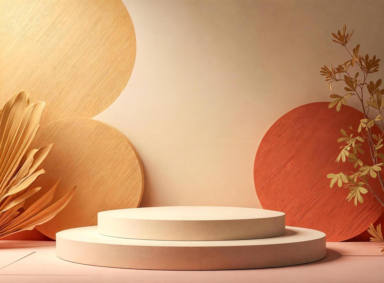 pale beige two-tiered display platform with warm-toned circular accents dried plants photo