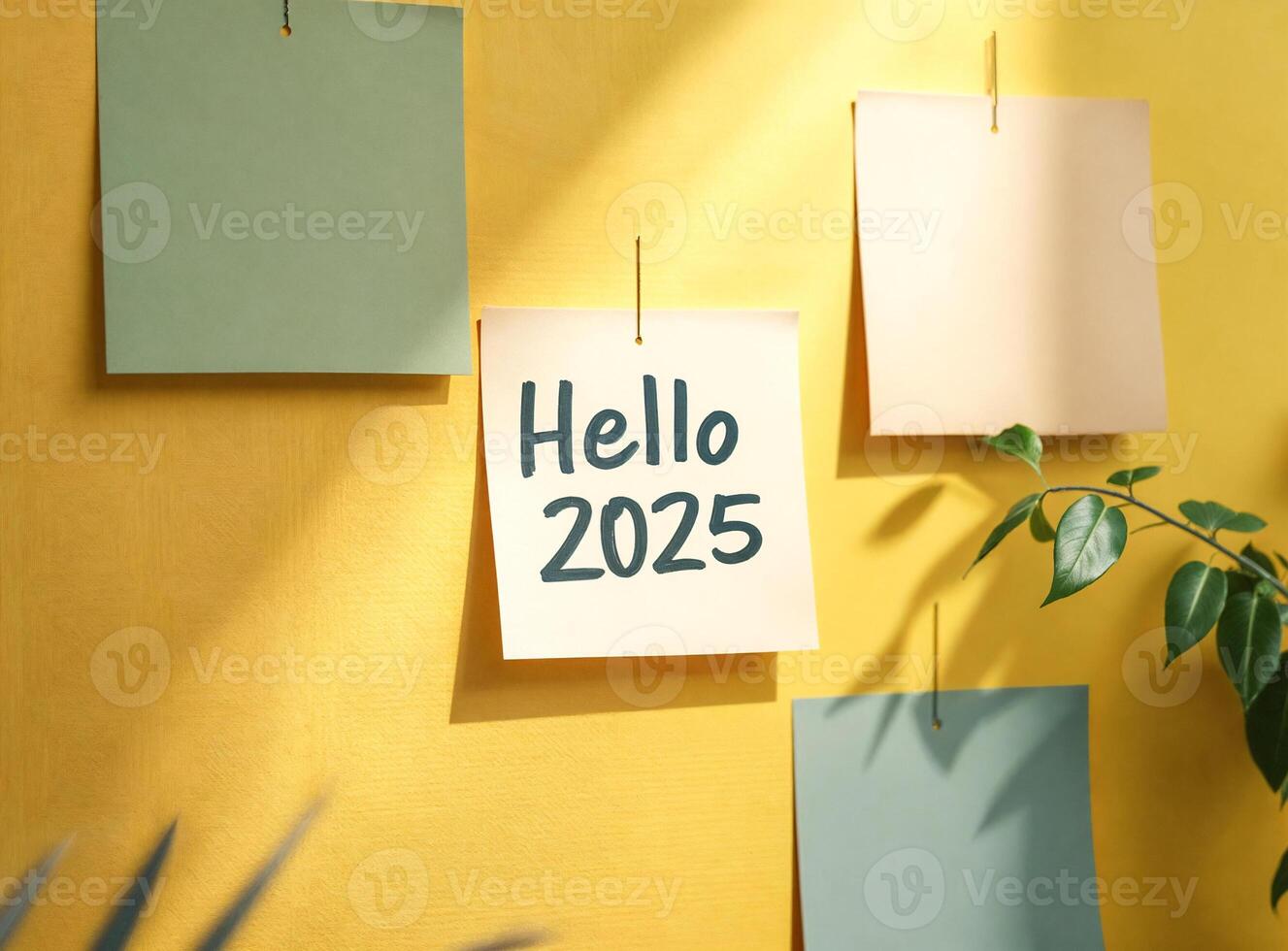 color-coded notes on a yellow wall welcome the year 2025. photo