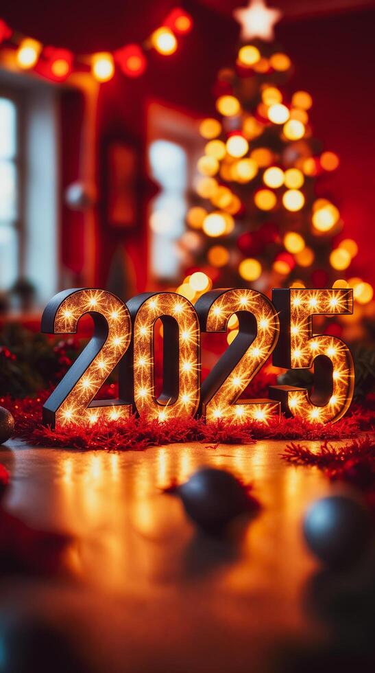 illuminated 2025 numerals with festive background photo