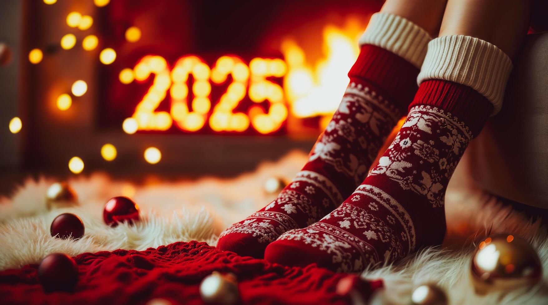 cozy red white patterned socks by a fireplace photo
