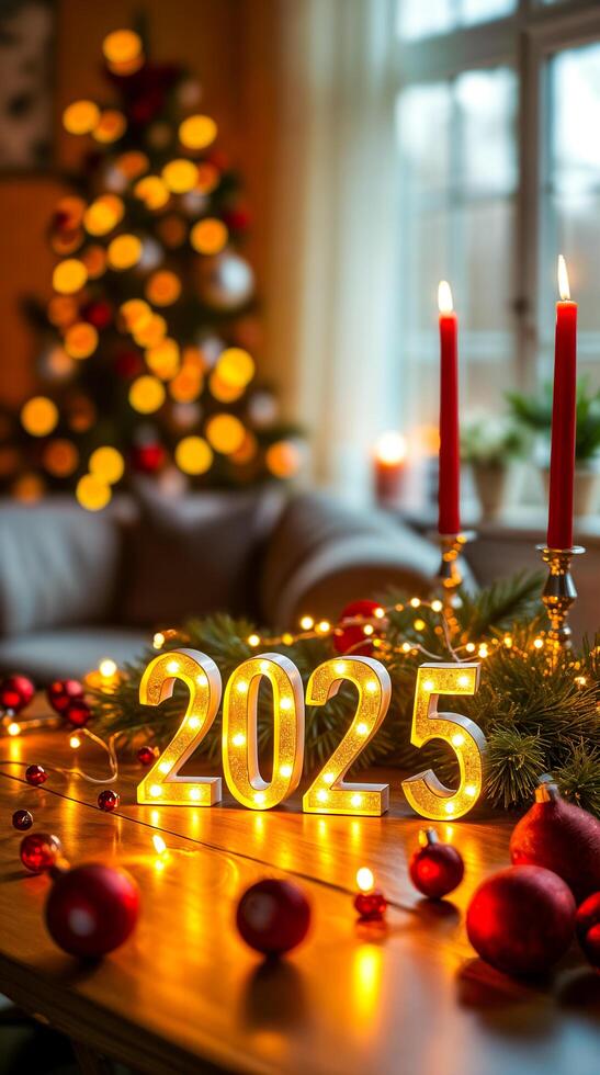 luminous 2025 numerals adorn festive table photo