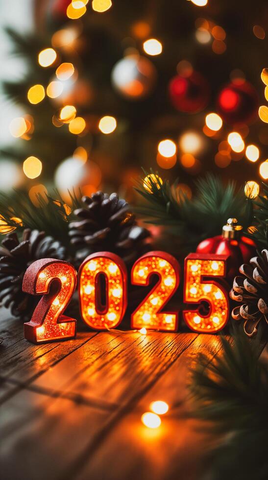 luminous red 2025 numerals with festive accents photo