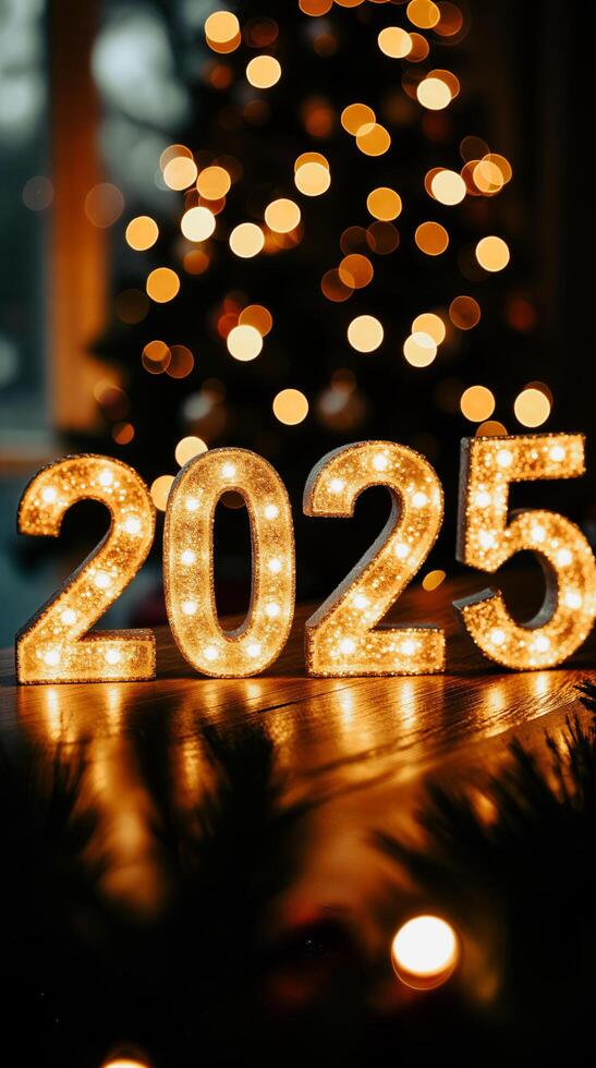 glowing gold numerals 2025 on wooden surface photo