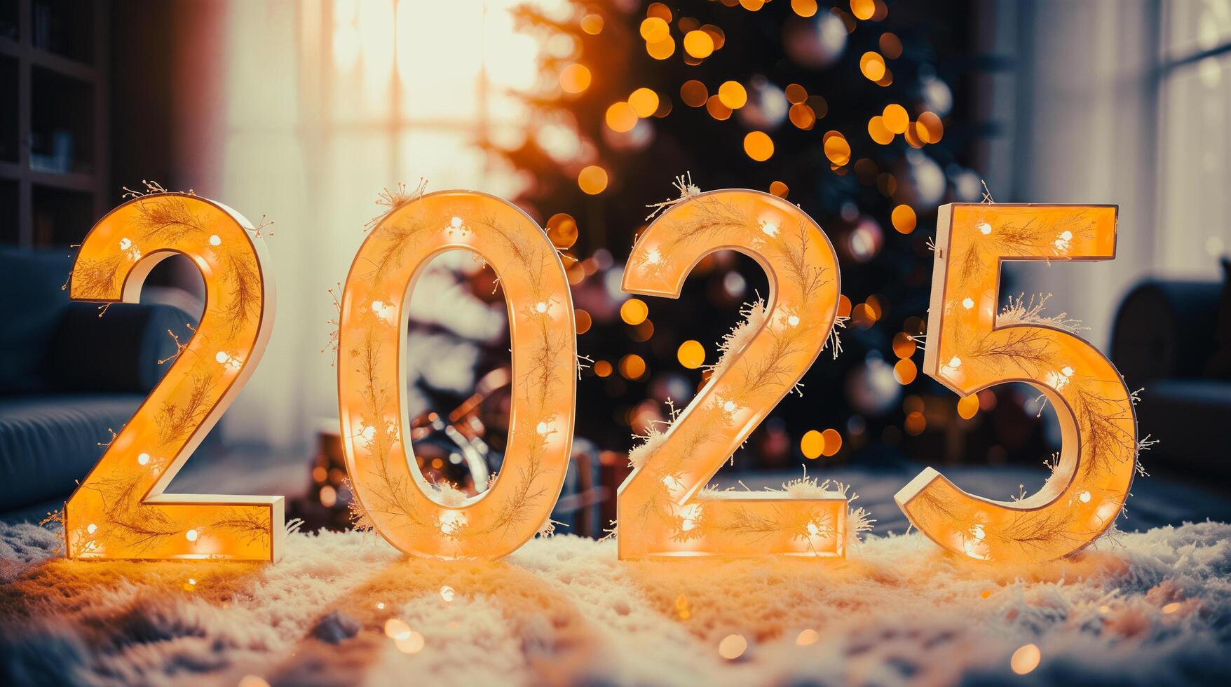 illuminated 2025 numbers on a fluffy surface photo