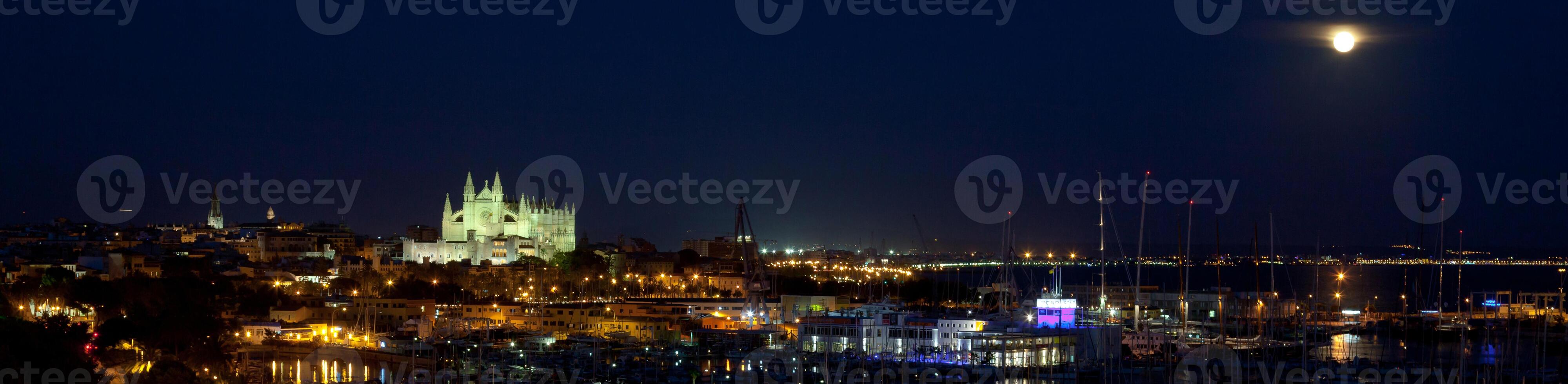 Widescreen of Palma de Mallorca and Cathedral by night. photo