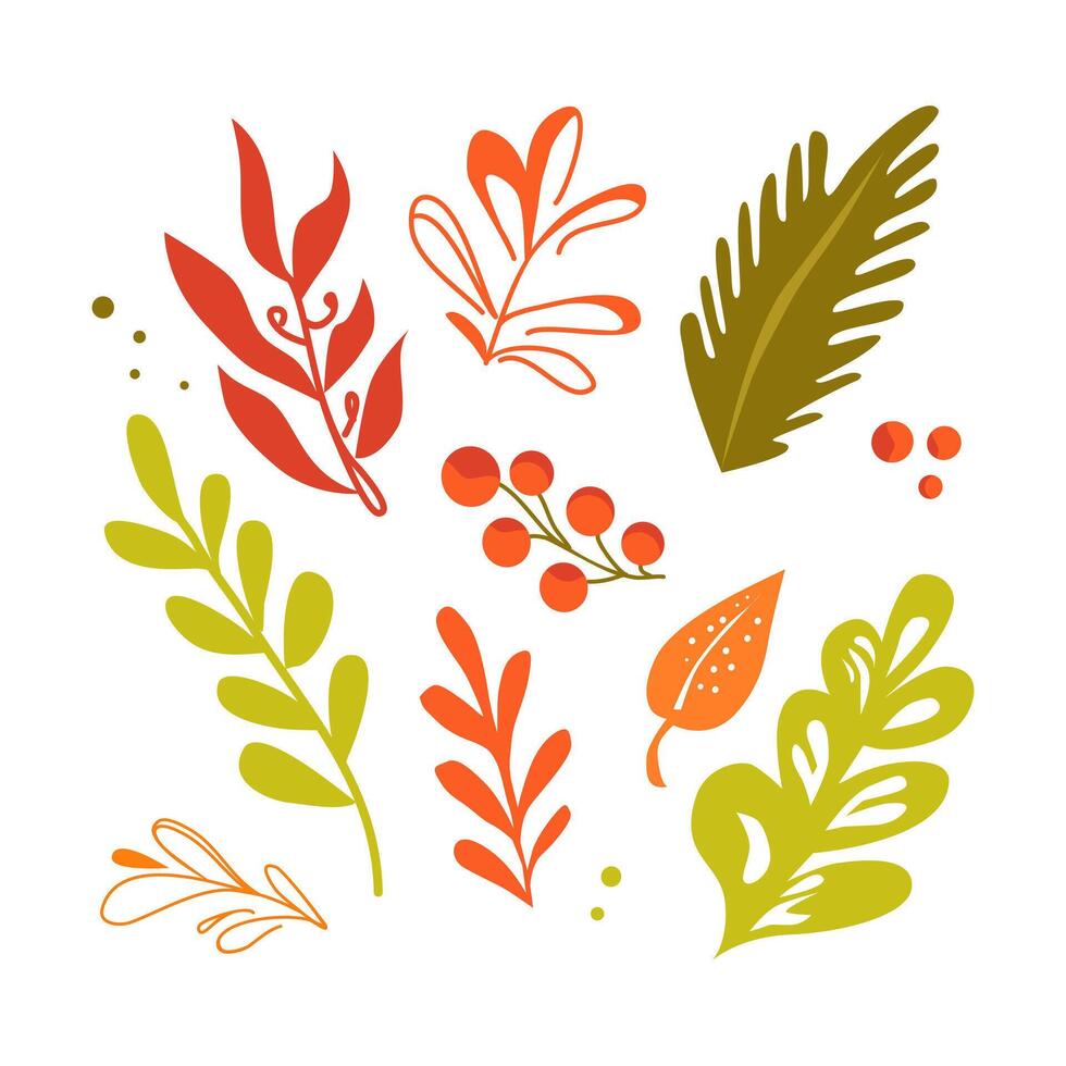 lace red and green leaves, berries and branches for Christmas on white background. Plants in style of pattern. Isolated clipart for holiday design of card,, invitation, leaflet in flat style vector