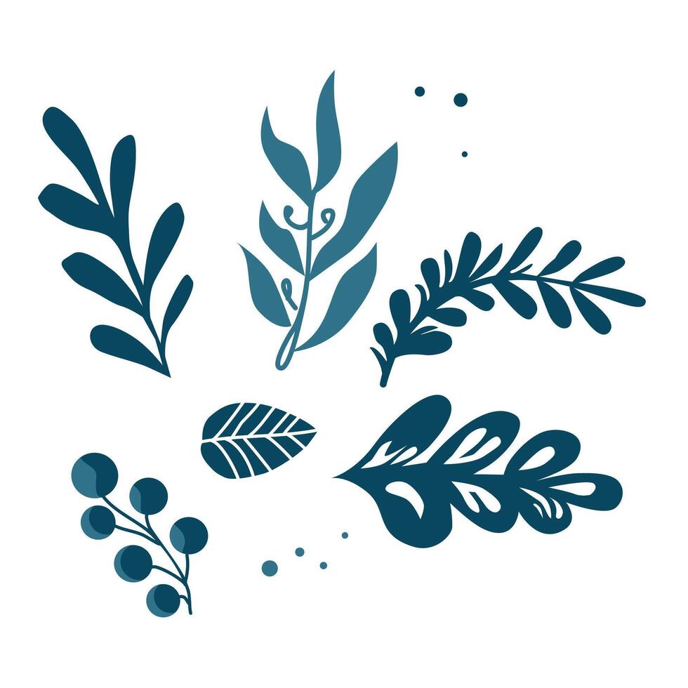 lace blue leaves, berries and branches for Christmas on white background. Plants in style of pattern. Isolated clipart for holiday design of card, banner, invitation, leaflet in flat style vector