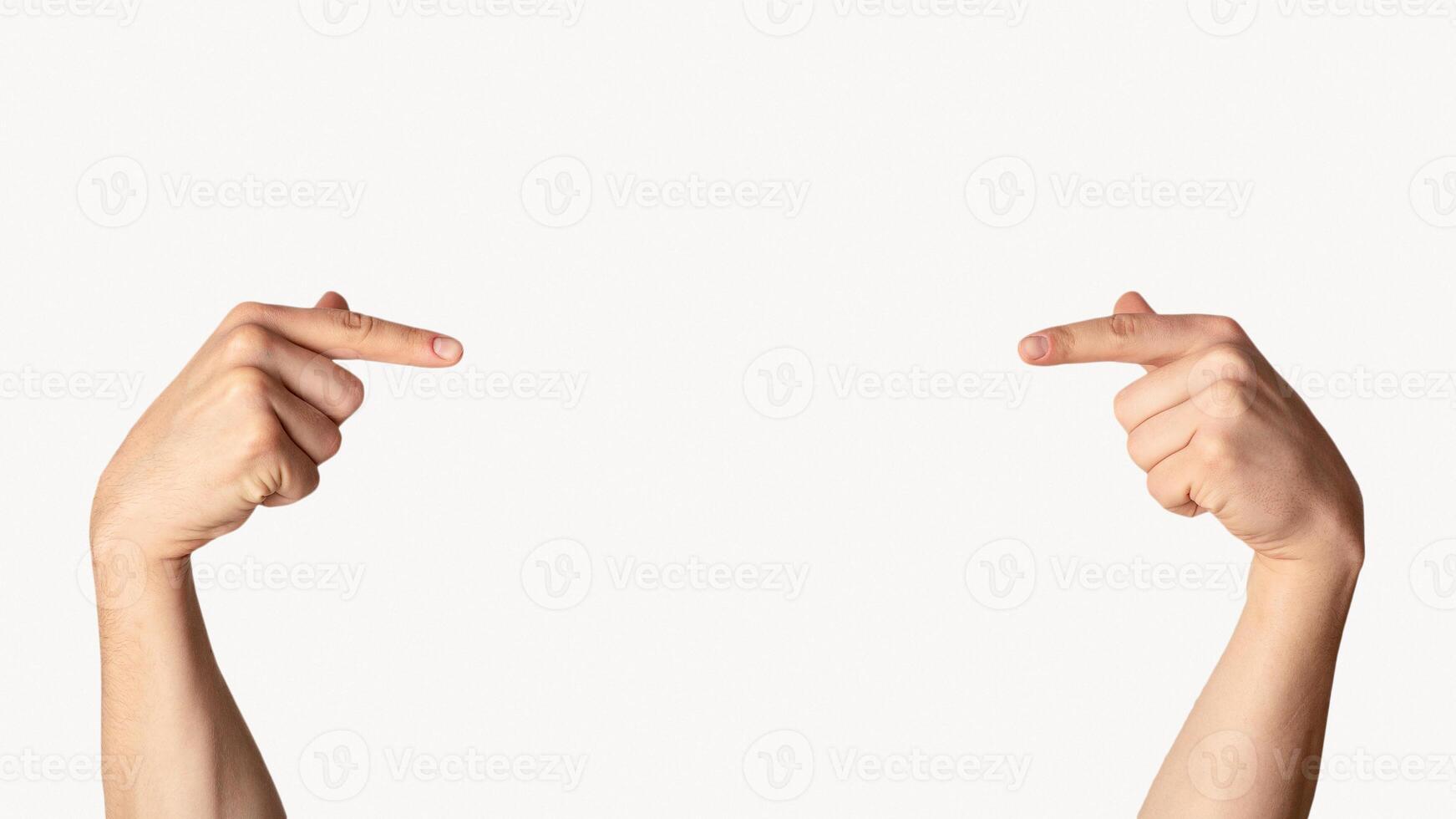 Closeup view of millennial guy pointing at something on light background, mockup for design photo