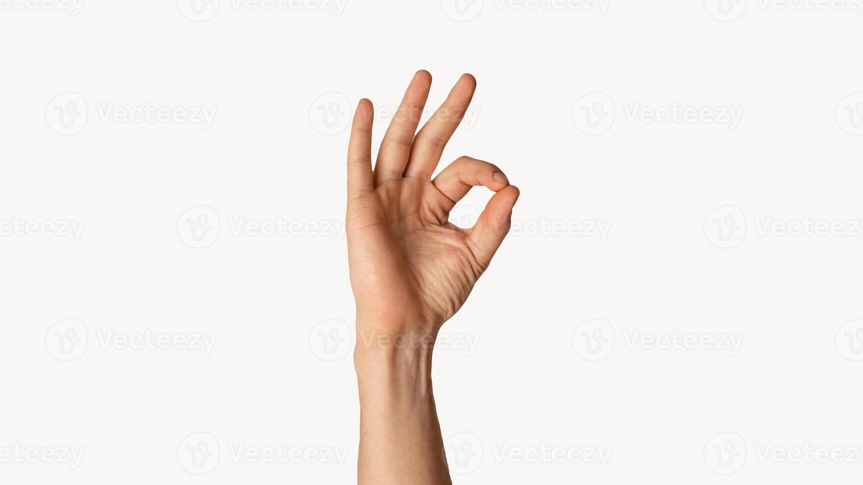 Close up of millenial guy showing OK gesture, expressing positivity on white background. Panorama photo