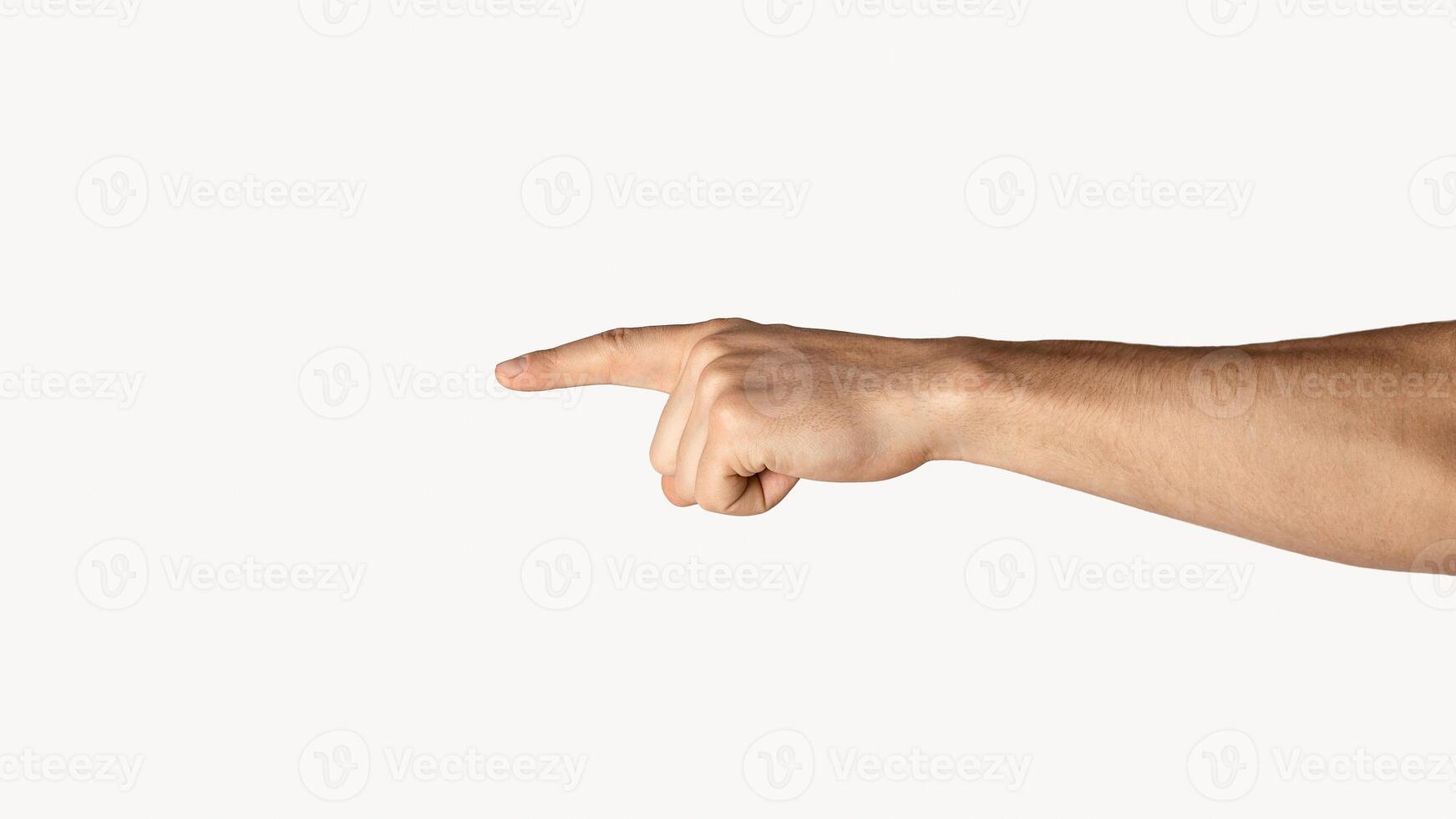 Unrecognizable young an pointing at something on light background, closeup of hand. Panorama photo