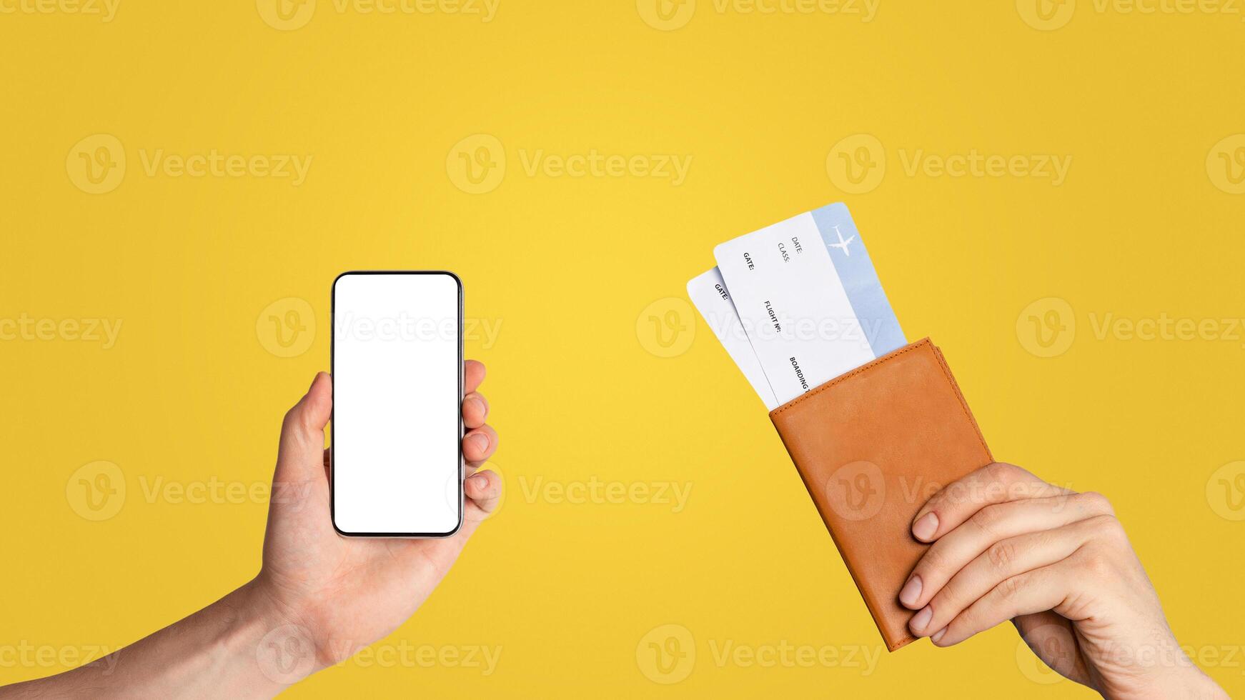 Travel restriction because of COVID-19. Close up of male hand holding international passport and plane tickets on blue background, panorama photo