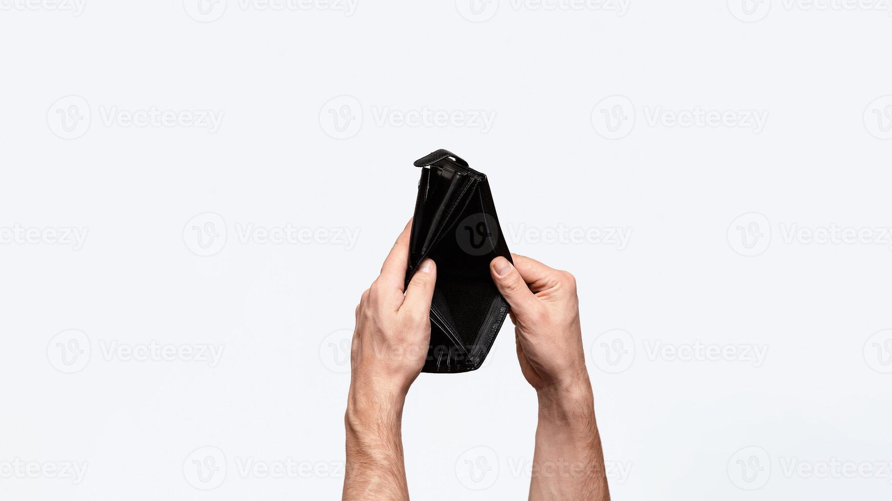 Coronacrisis and bankruptcy concept. Closeup of businessman holding empty wallet on white background, panorama photo