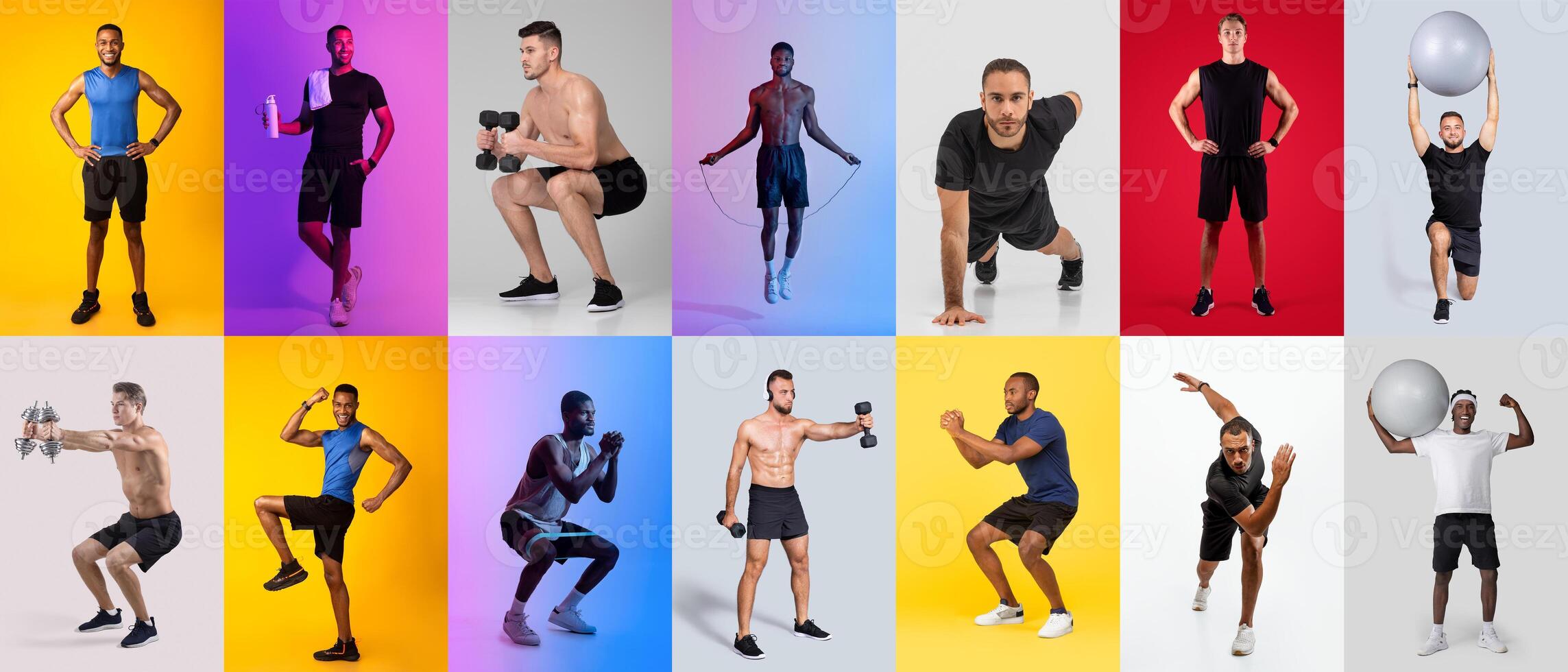 Various men perform distinct workout activities in a colorful backdrop. The image showcases strength training, cardio exercises, and agility drills, highlighting fitness diversity. photo