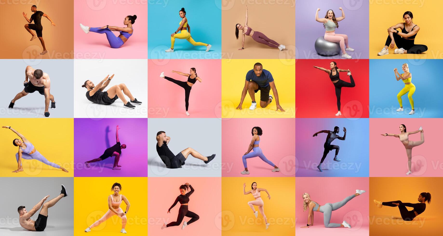 A vibrant collage showcases individuals of different backgrounds participating in fitness exercises, including yoga, strength training, and aerobic movements against colorful backdrops. photo