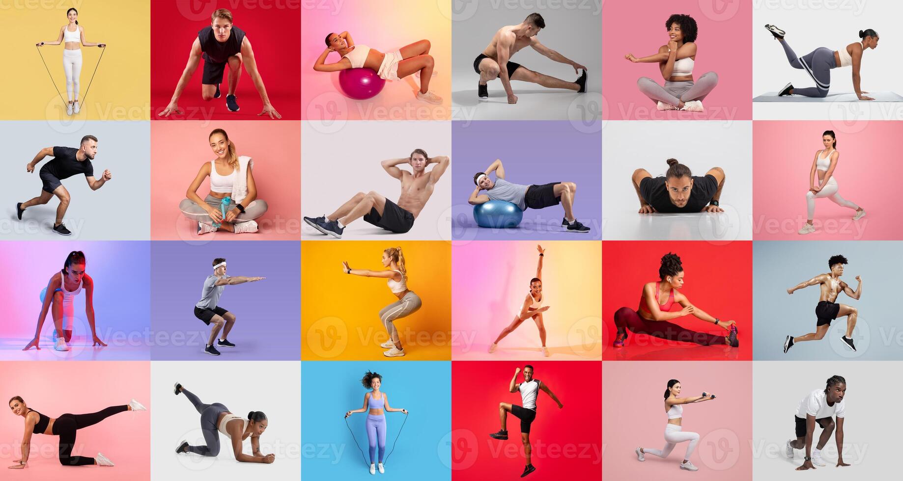 A lively indoor setting showcases multiple individuals performing various fitness routines. photo