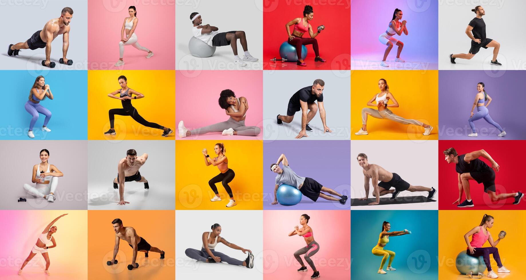 This vibrant display features men and women performing different exercises using weights, balls, and mats in colorful environments. The image showcases the variety and energy of fitness routines. photo