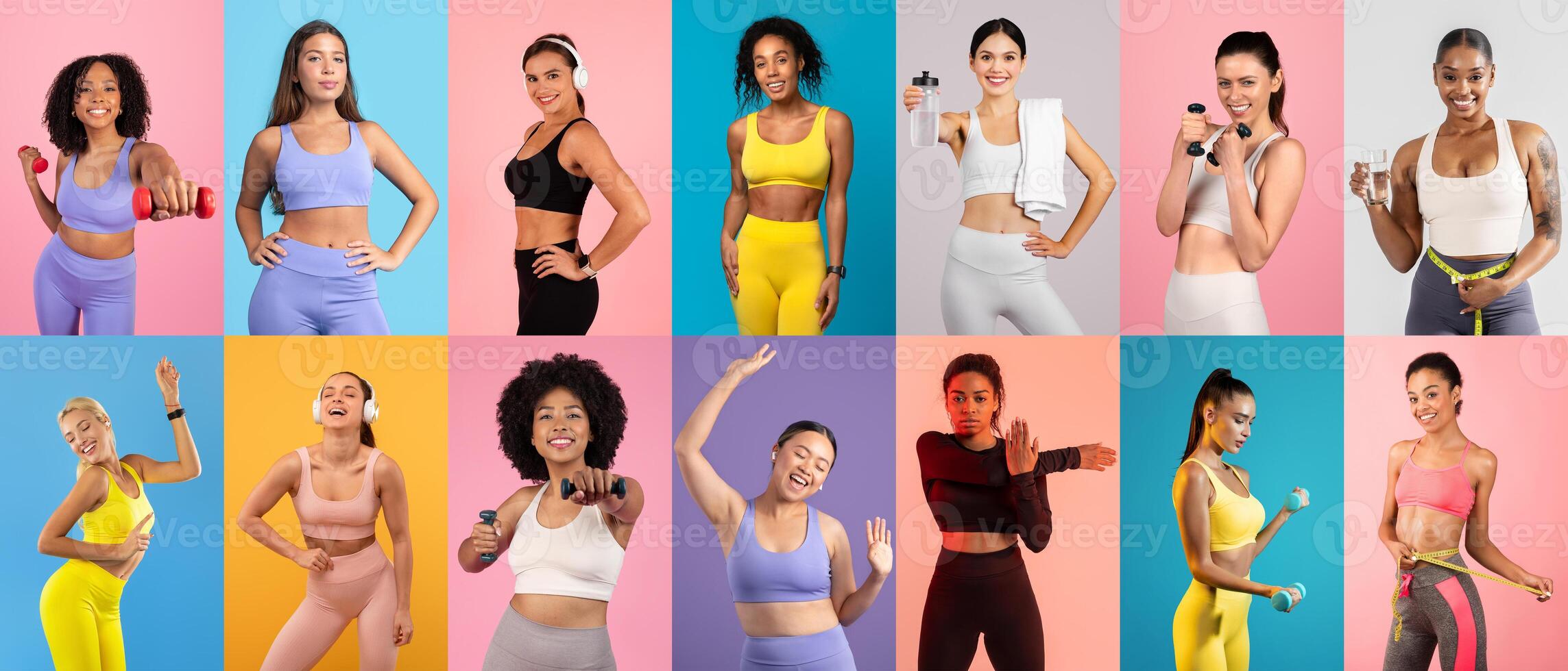 A group of women showcases various fitness poses in bright athletic wear, highlighting strength and joy during their workout routines in a playful and colorful setting. photo
