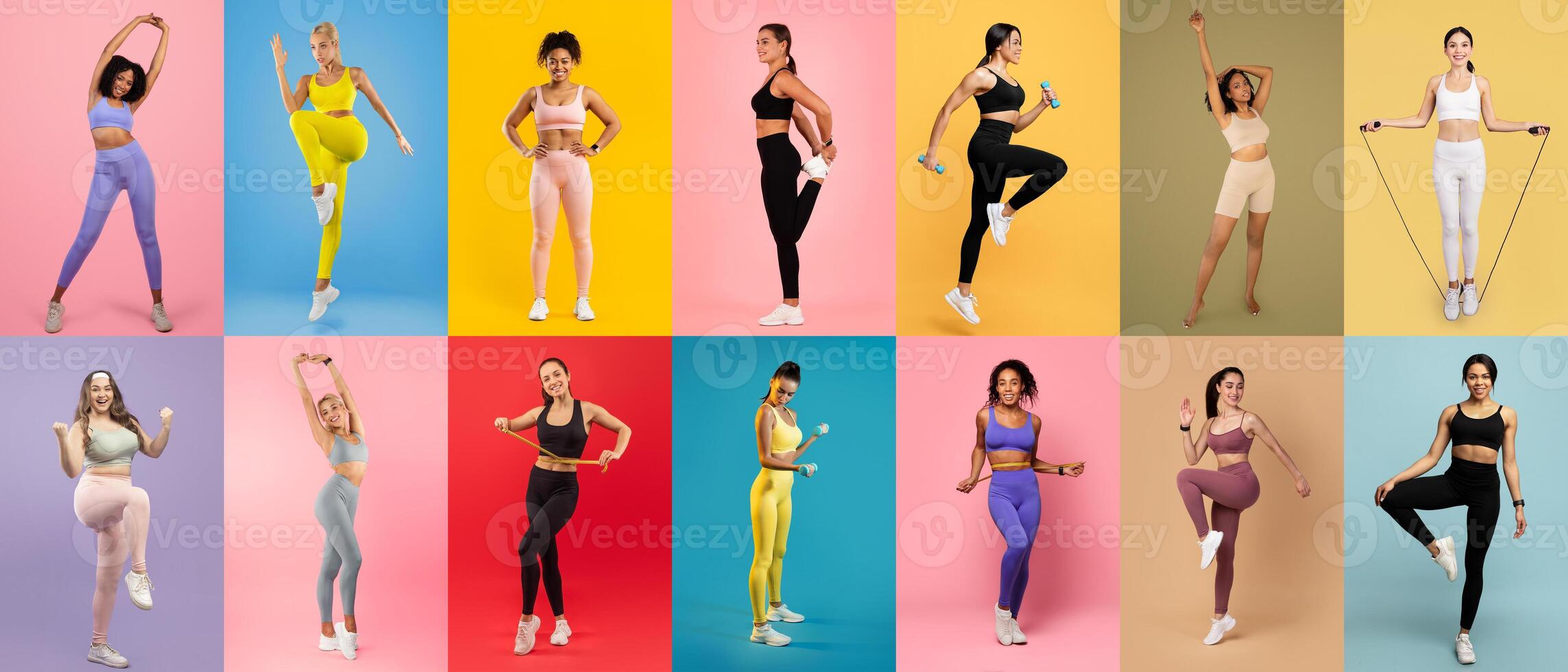 Women of various backgrounds engage in energetic fitness activities against vibrant, pastel backgrounds. They showcase strength and enthusiasm in their workout routines. photo