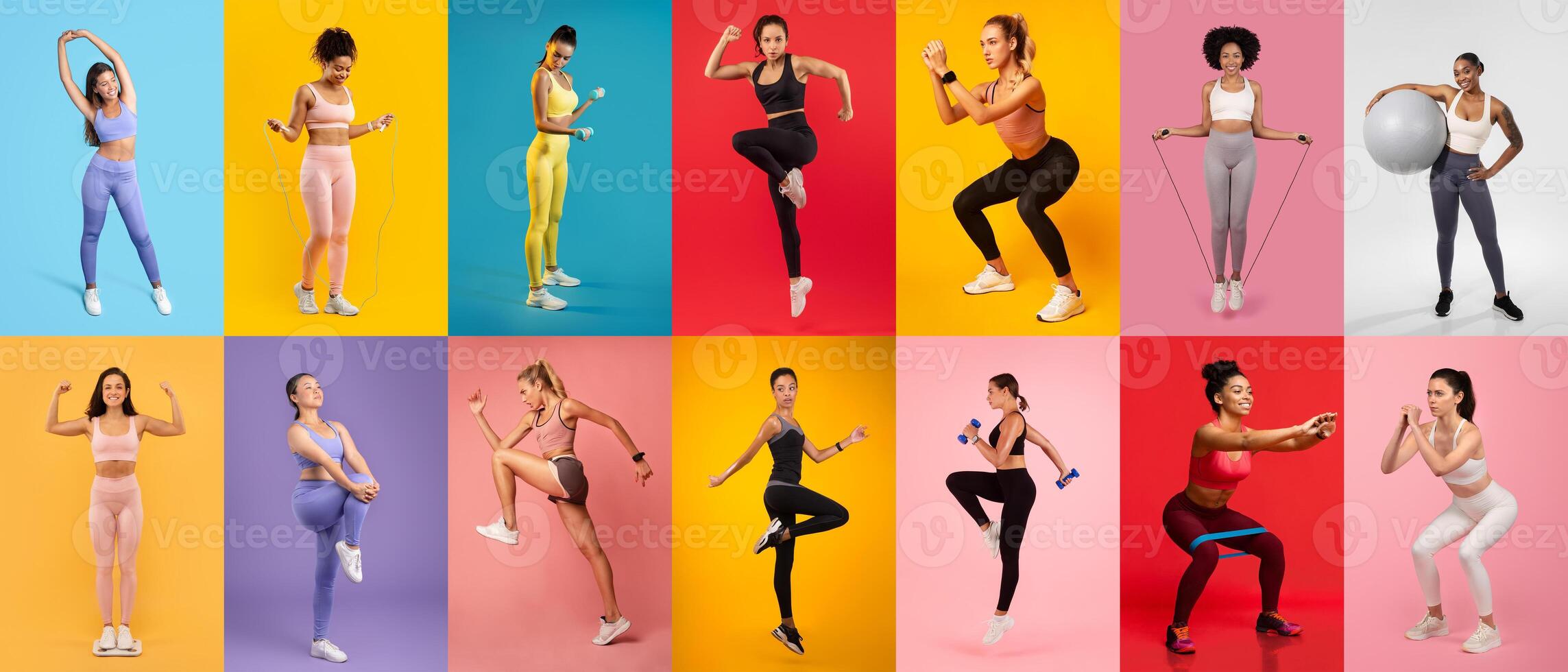 Groups of women of different backgrounds engage in fitness activities against colorful backgrounds. They demonstrate strength training, cardio workouts, and flexibility exercises. photo