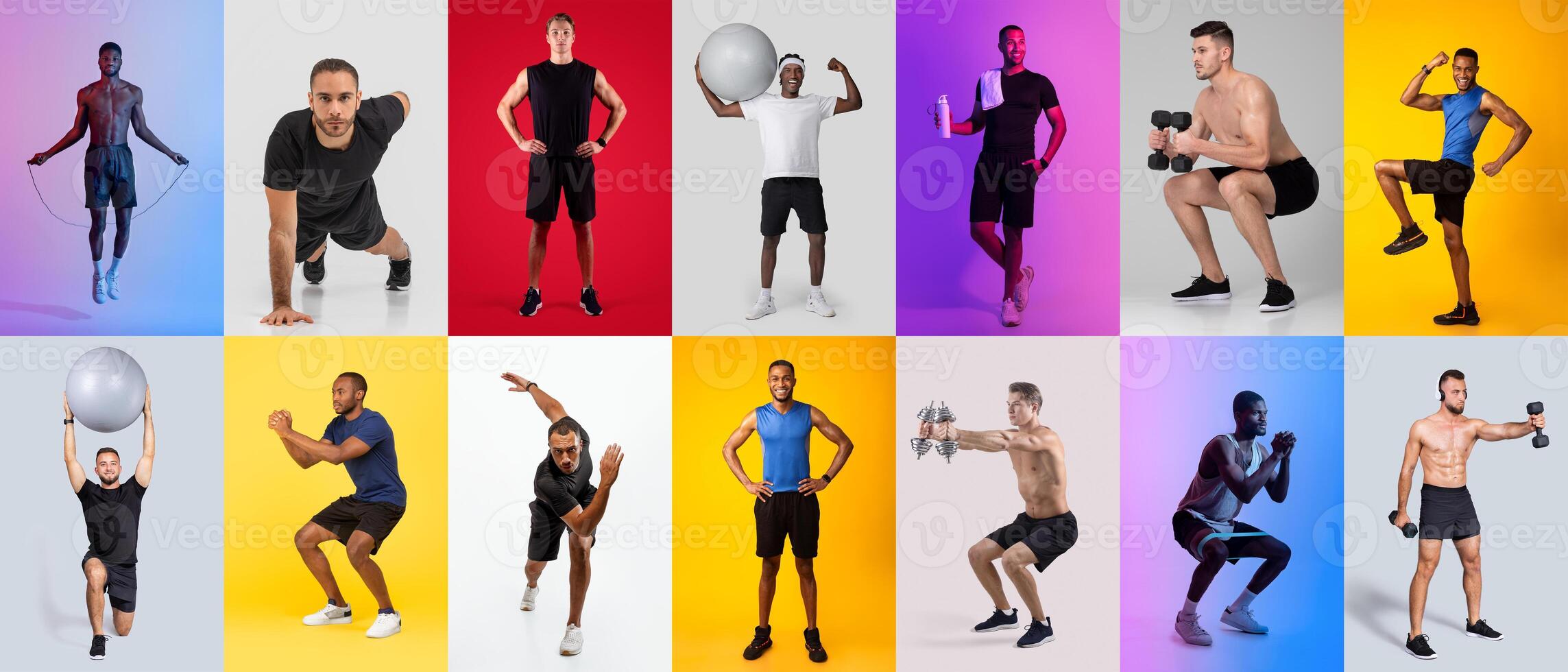 Diverse group of men performing different workouts, including jumping, weightlifting, and using gym equipment. The vibrant backgrounds highlight their dynamic movements and athleticism. photo