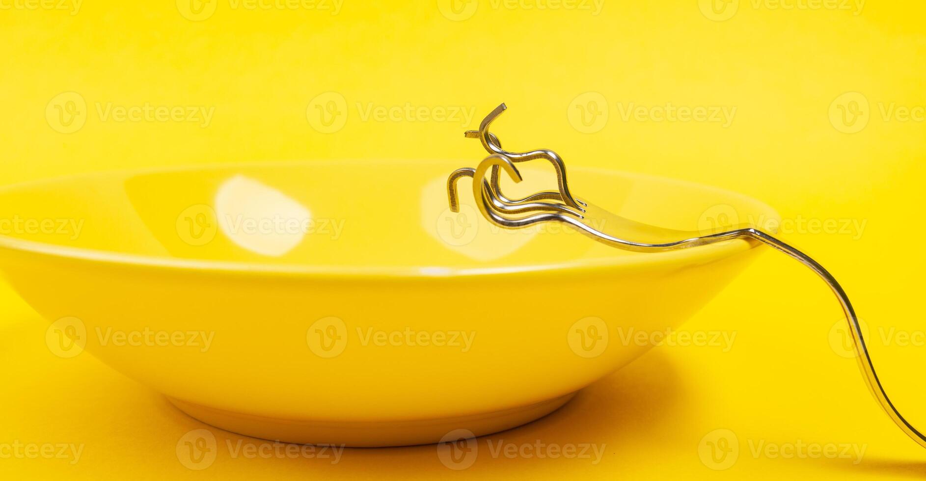 folded and deformed fork resting on an empty plate. photo
