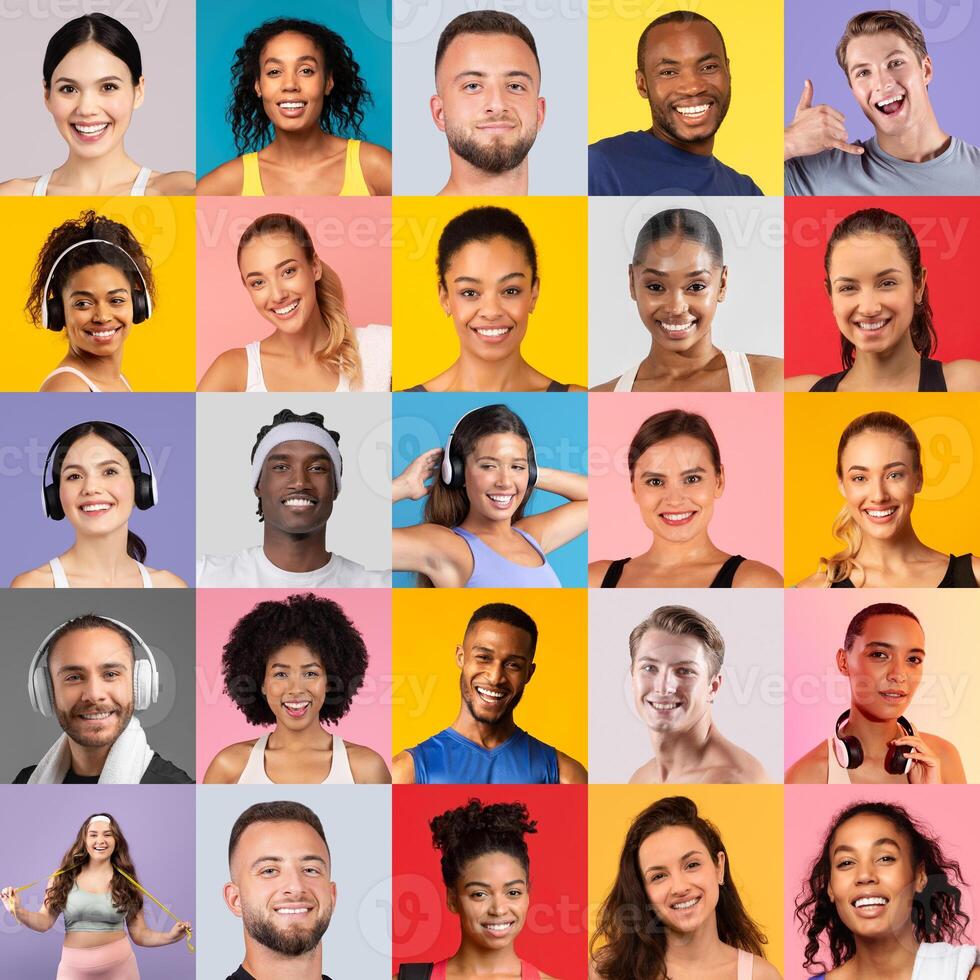 A vibrant collection of smiling people showcases joy and positivity against bright, colorful backdrops. Each person exudes happiness, representing a variety of backgrounds and expressions. photo