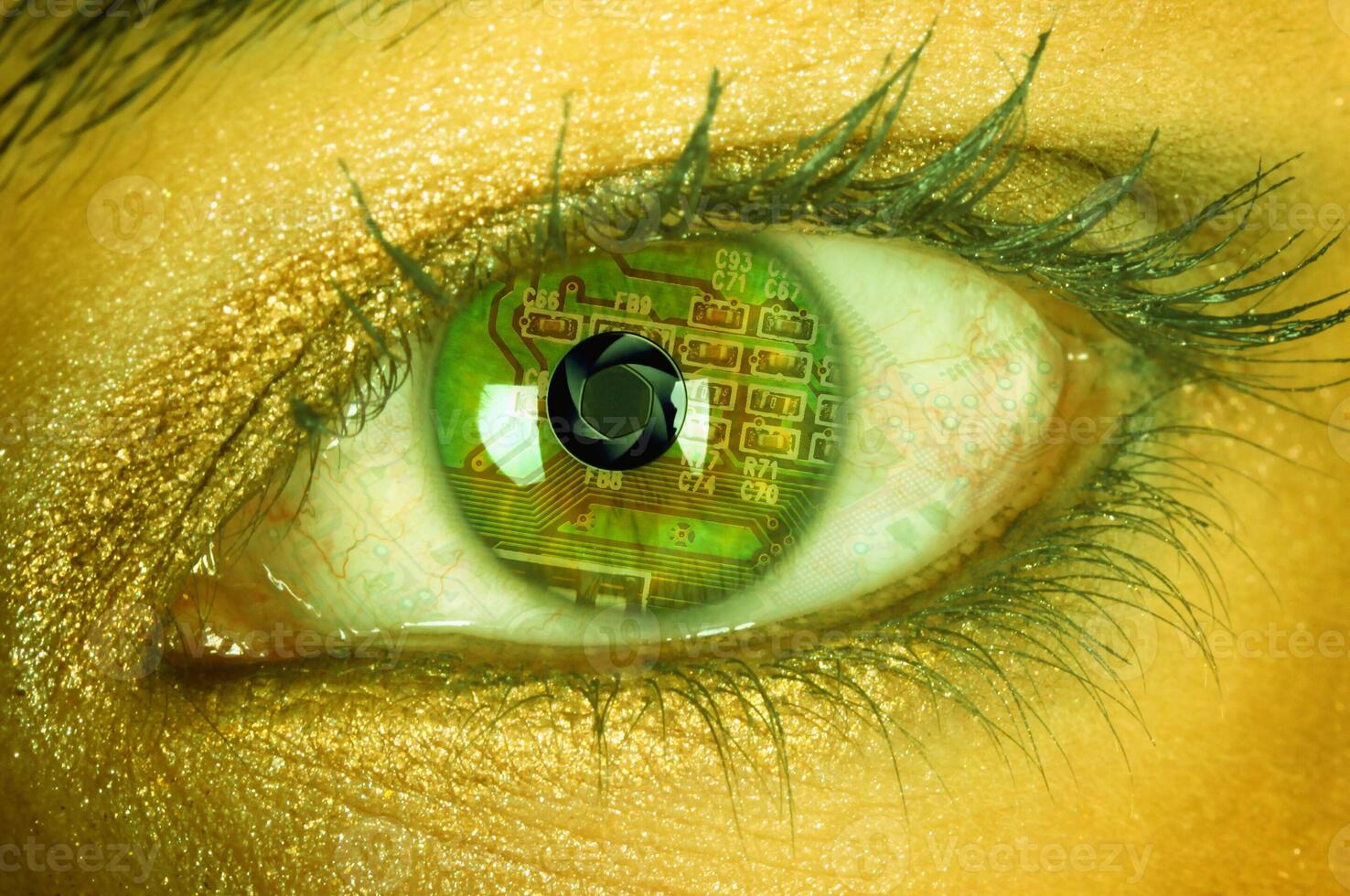 A close up of a woman's eye with a computer chip in it photo