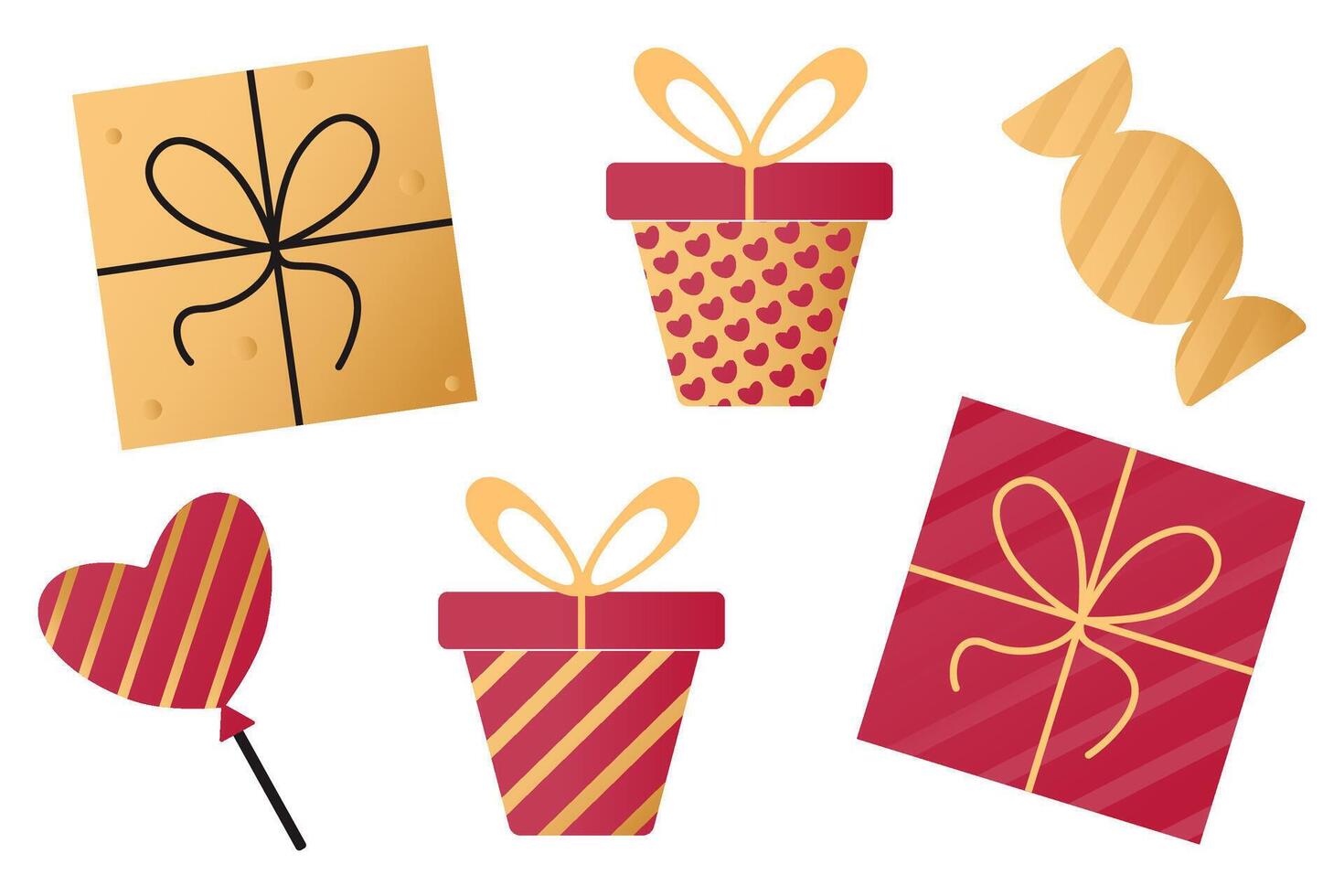 Set of elements with romantic symbols gifts, ball, candy. vector