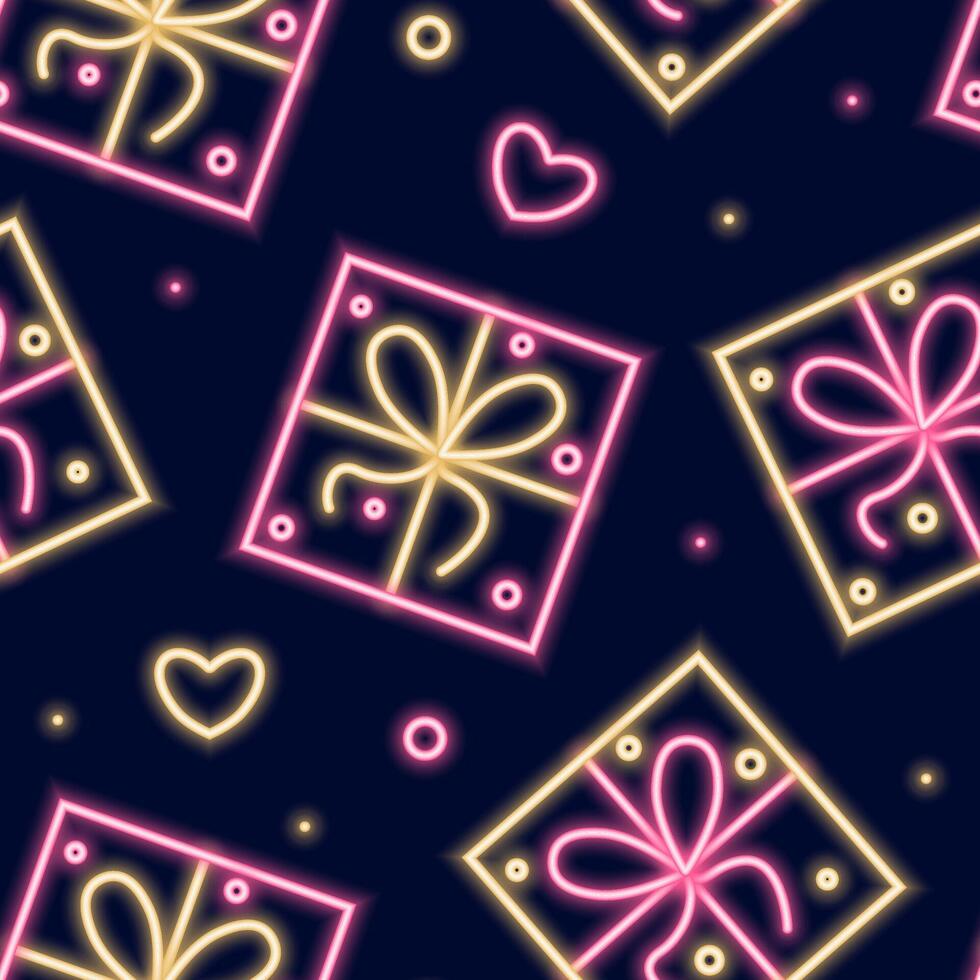 Neon seamless pattern with romantic Valentine's Day themed icons. vector