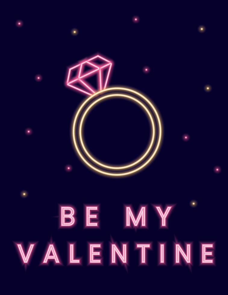 Neon illustration with a ring, hearts and the inscription Be my Valentine. P vector
