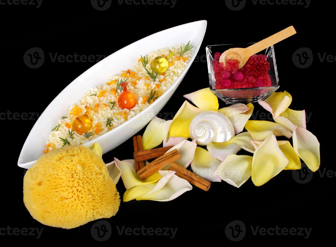 Salt bath with soap and flowers photo