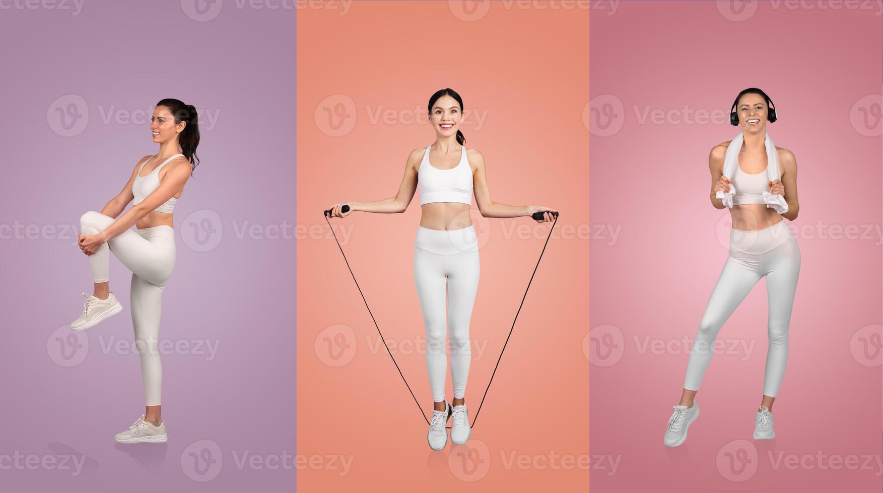 Three young women demonstrate athletic moves, showcasing their fitness enthusiasm in a colorful gym environment. Their energetic poses highlight a commitment to health and wellness. photo