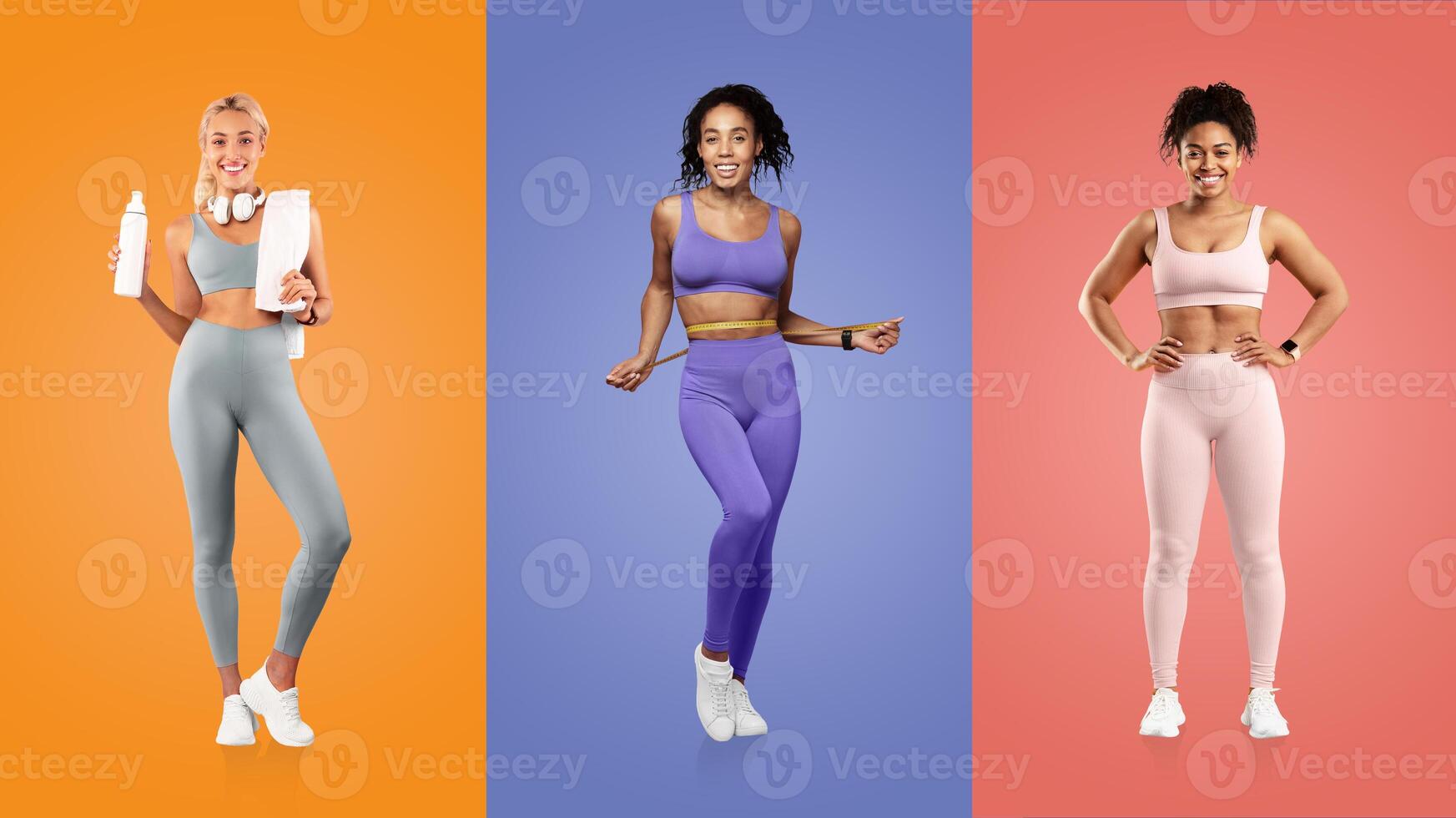 A collection of young individuals in athletic wear demonstrating an active lifestyle. They display confidence and readiness for fitness activities, set against colorful backgrounds. photo