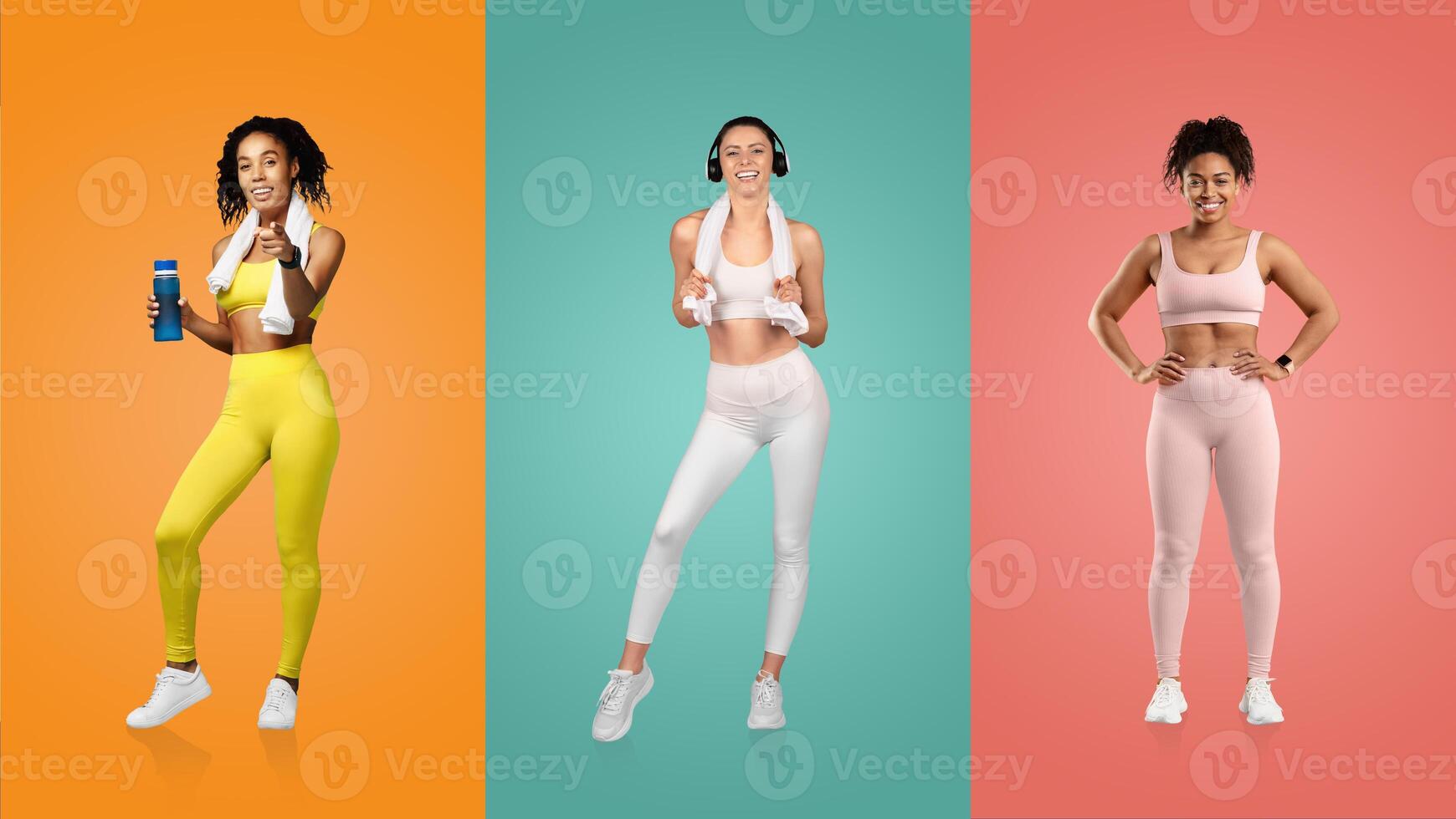 A vibrant collage features young individuals showcasing their athleticism and fitness routines. They are dressed in colorful gym attire and accessories, highlighting a healthy lifestyle. photo