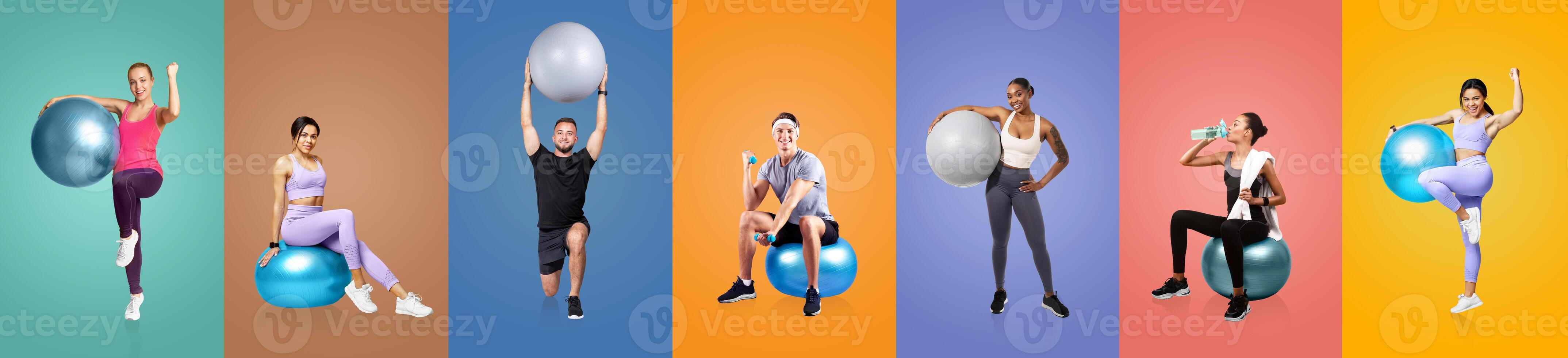 A dynamic collection of young men and women engaging in various fitness routines using stability balls. photo