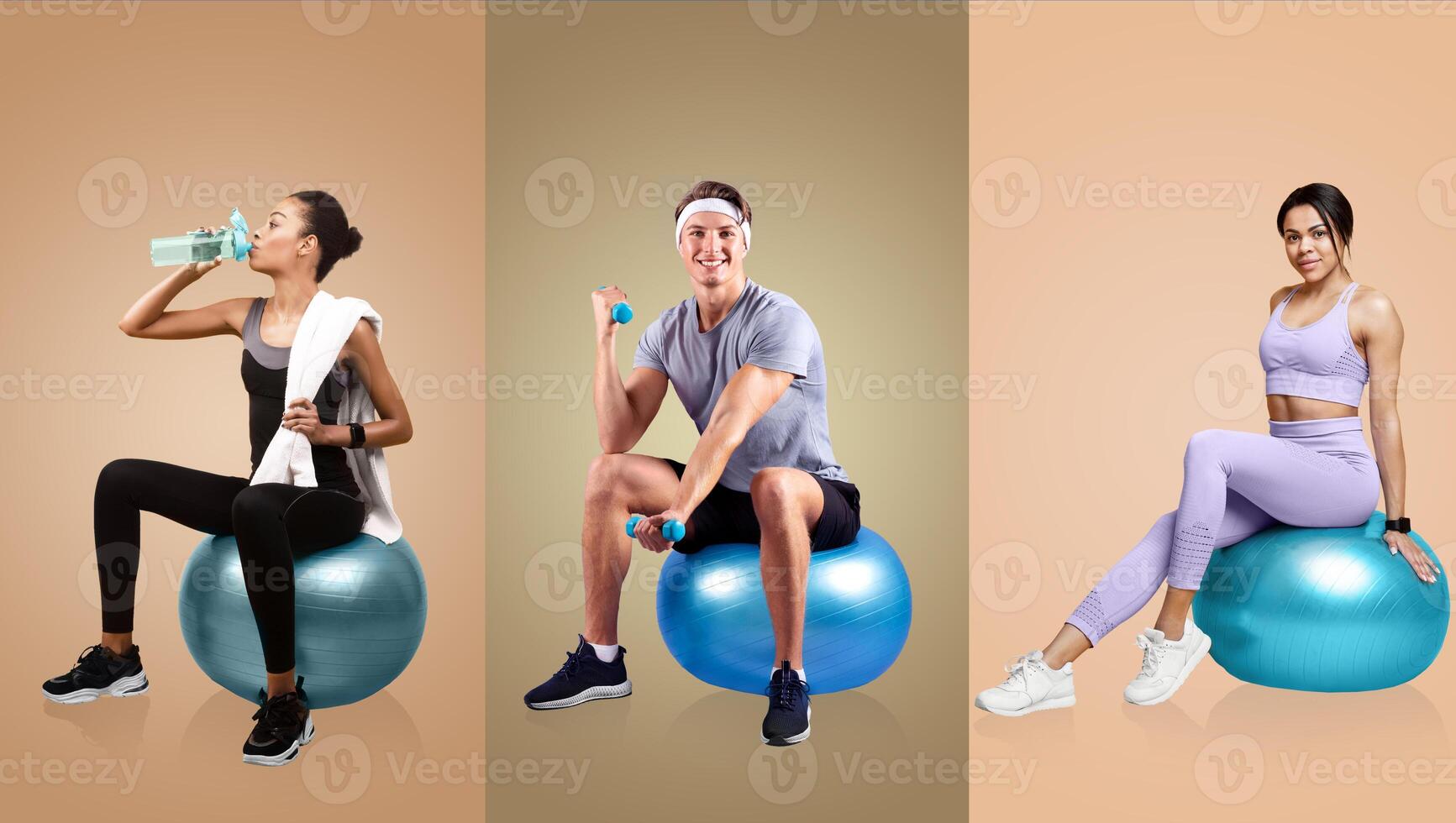 A collection of young athletes engaging in fitness activities with exercise balls. One person sips water, another performs a weight exercise, and the last stretches. photo