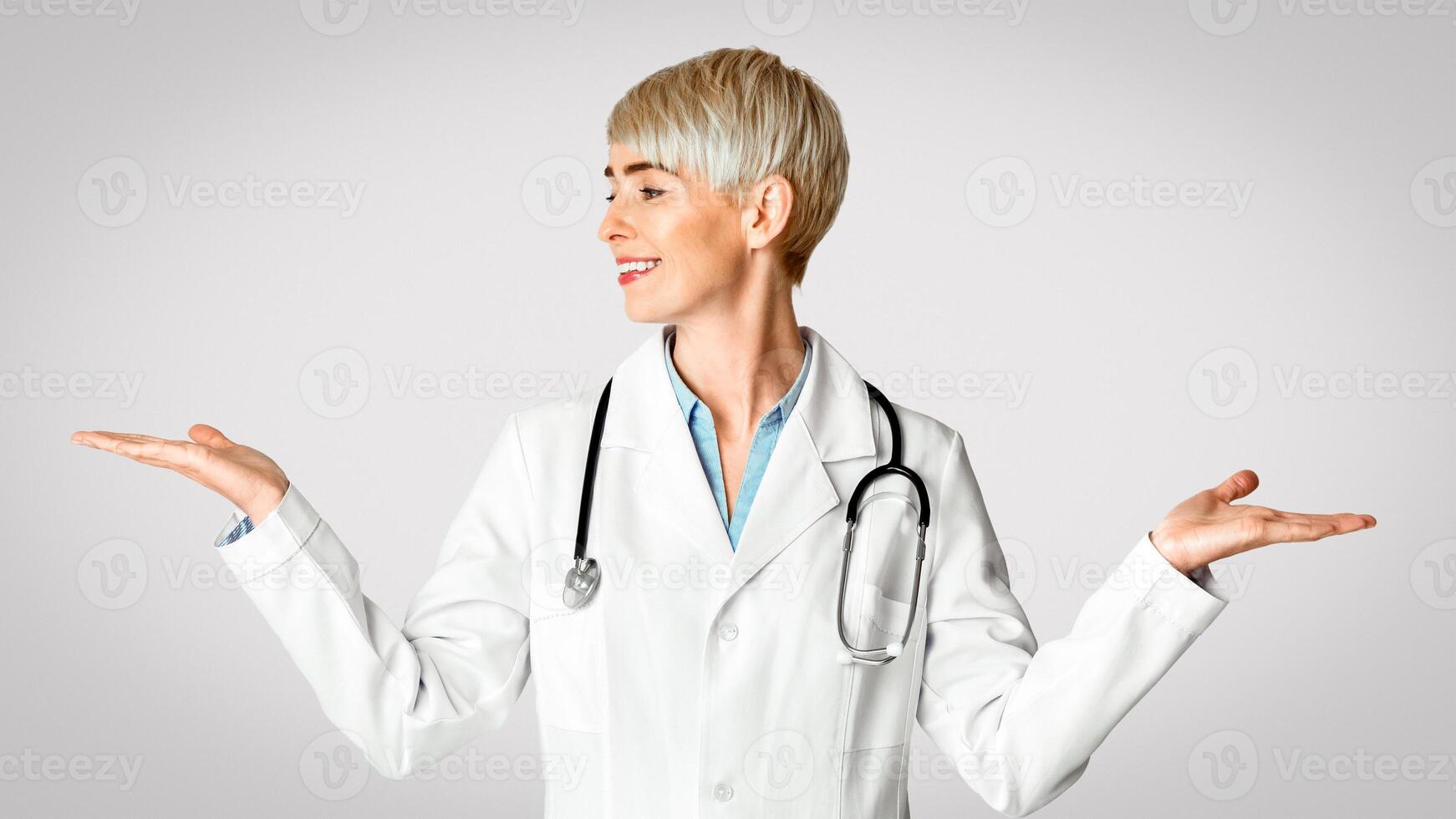 Medicine specialist. Woman in white coat chooses different options, weighing on her hands, isolated on light background, studio shot photo