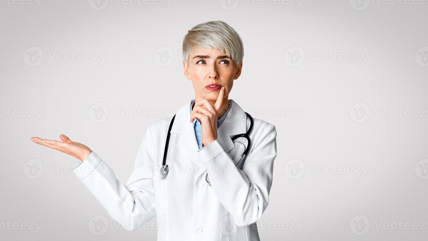 Pensive woman doctor press finger to chin and held up palm for empty space, isolated on light background, studio shot photo
