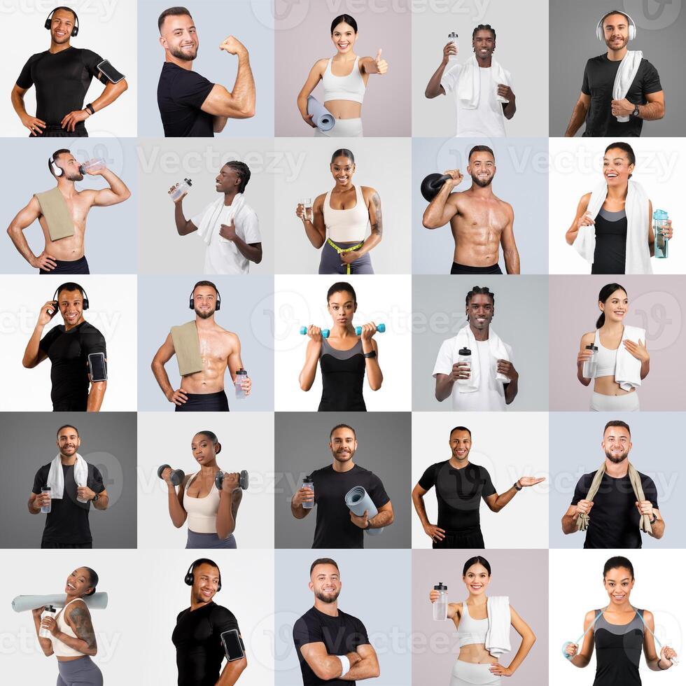 Individuals of varying backgrounds and fitness levels demonstrate workouts and healthy habits, using weights and hydration equipment, emphasizing wellness and exercise. photo