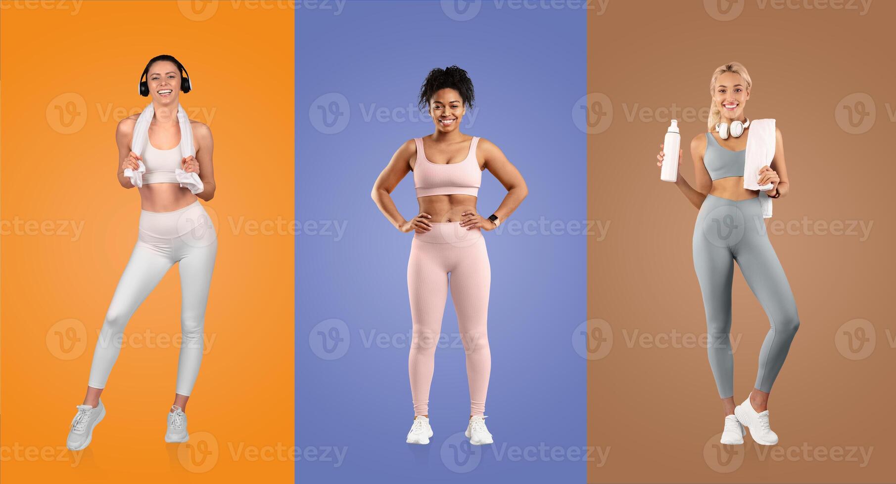 Three young adults engage in fitness activities, displaying athletic wear and enjoying a healthy lifestyle. Each person stands against a colorful backdrop, emphasizing their sporty spirit. photo