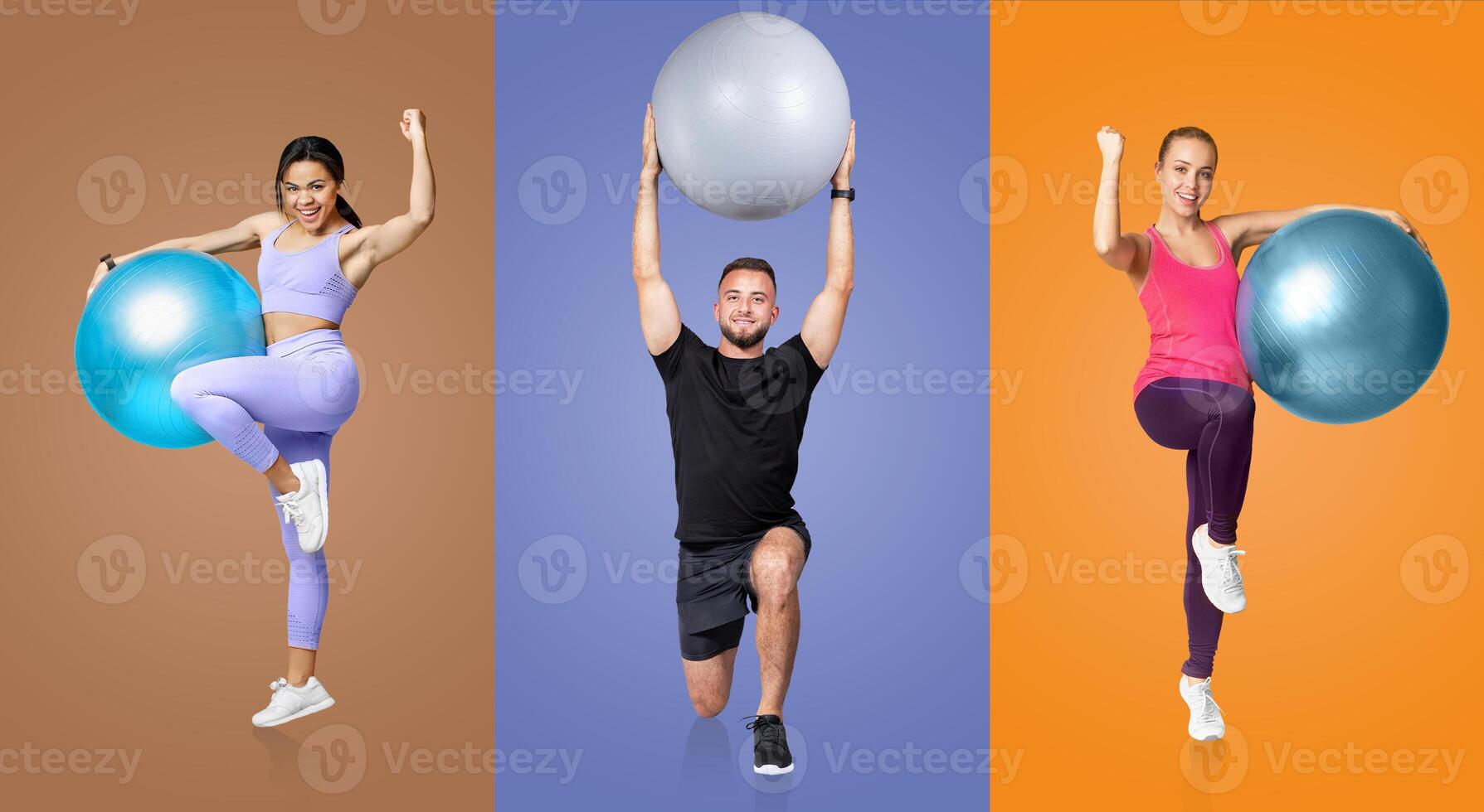 Three young individuals demonstrate dynamic fitness routines with stability balls. Each person showcases athleticism against vibrant backgrounds, highlighting an active lifestyle. photo