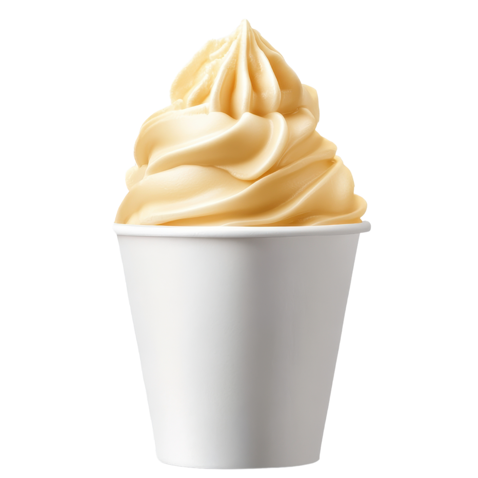 Delicious soft serve ice cream in white cup, creamy and smooth texture, perfect for sweet treat on warm day png