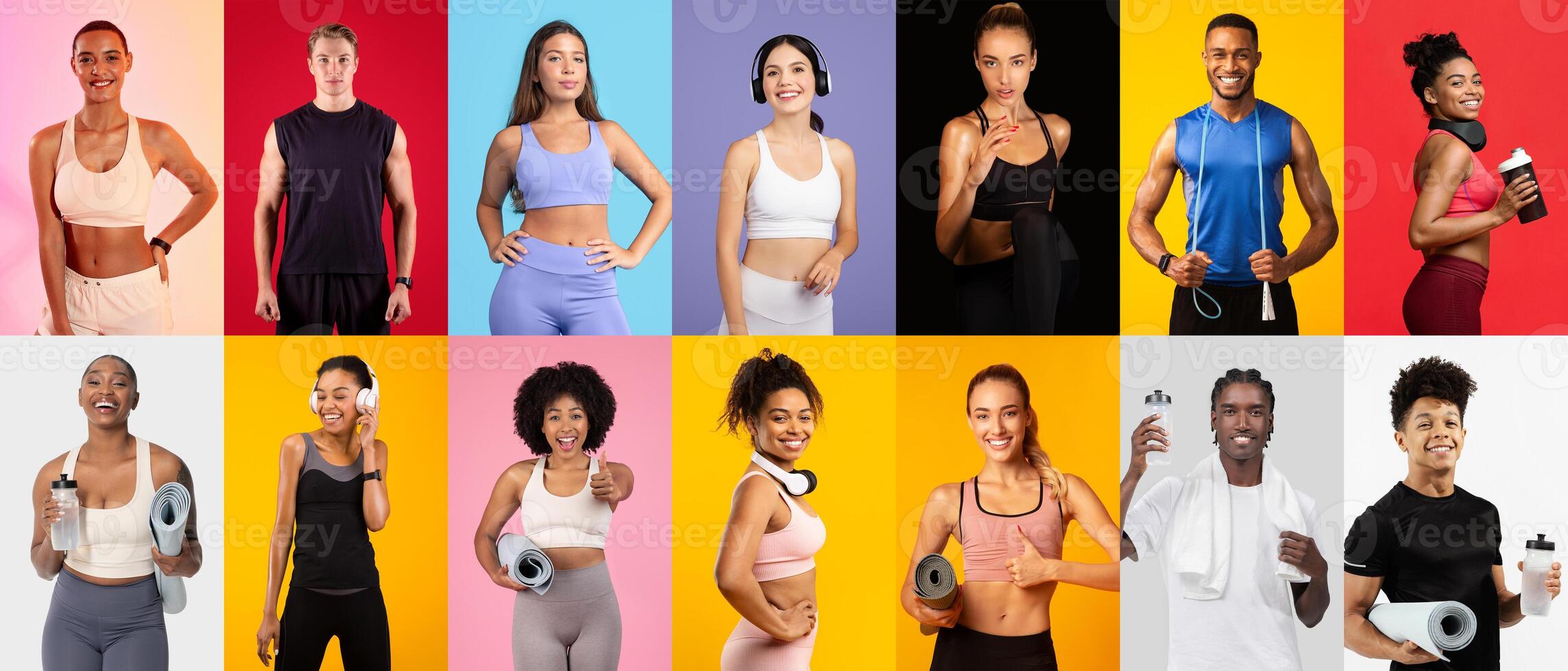 A diverse group of individuals engages in fitness activities, showcasing various styles of workout clothing. Their smiles convey enthusiasm and motivation for a healthy lifestyle. photo