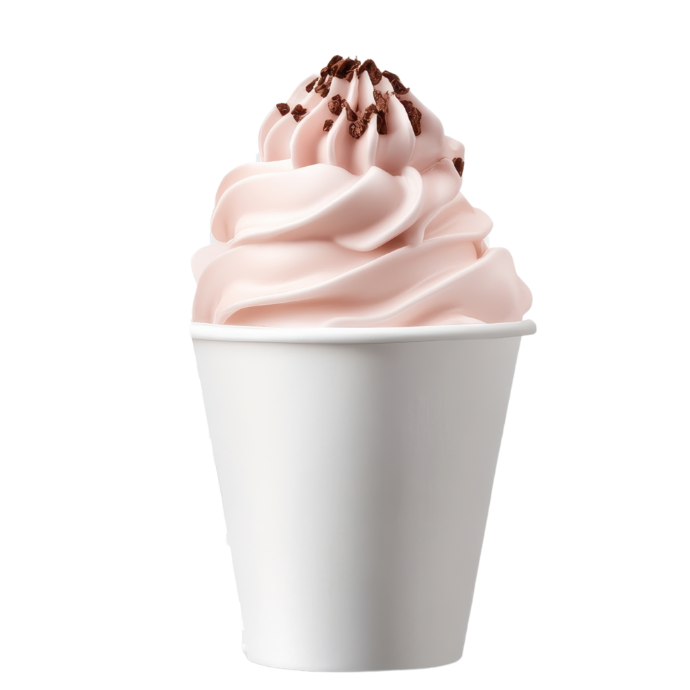 Delicious pink soft serve ice cream topped with chocolate sprinkles in white cup, perfect for sweet treat on warm day png