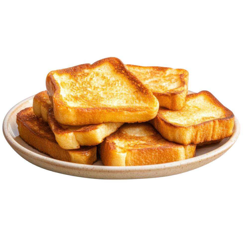 Freshly toasted bread slices stacked on plate, golden brown and crispy, perfect for breakfast or snacks. Enjoy warm, inviting aroma of this delicious treat png